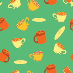 Cups and saucers bright seamless pattern. Tea, tea shop, coffee. Wallpaper, wrapping paper