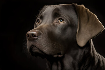 A portrait of a Labrador Retriever in the studio. Curious pose with a shy look. 