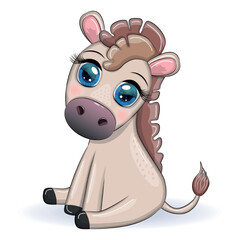 Cute donkey in flowers, with balloons, spring theme. Postcard for the holiday.