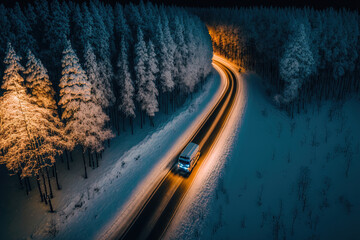 Fototapeta Aerial image of an automobile in the woods on a snowy road at night. drone picture. Generative AI obraz