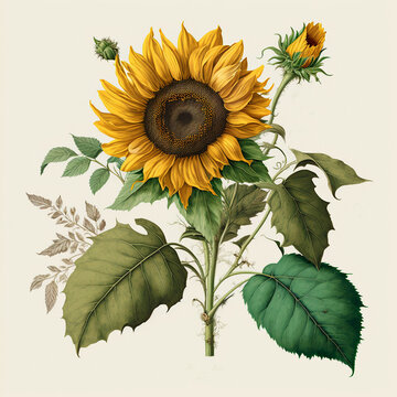Yellow sunflower as in vintage botanical illustration, still life on creamy paper  background, AI generated
