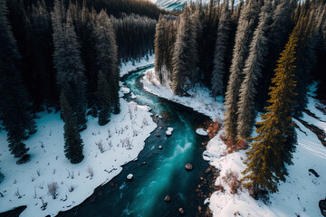 Drone Beautiful aerial view of Canada's alpine stream surrounded by snow covered spruce woods. With wintertime Alberta, a large river runs through a valley covered in trees. Near Banff, a white winte