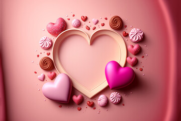 A pink valentine hearts are surrounded by pastries and sweets in a festive scene, Can be used for Wallpaper, flyers, invitation, posters, brochure, banners