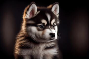 Fototapeta premium Beautiful Alaskan Malamute puppy dog portrait in front of dark background. 