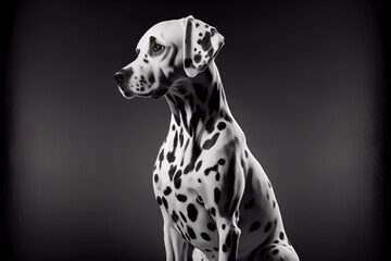 Beautiful Dalmatian dog portrait in front of dark background. 