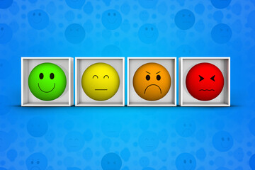 Collection of emoticon emojis with Happy, Disappointed, Sad and Angry expressions inside rating cubes for customer satisfaction survey. 3D rendering