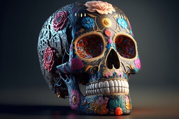 Mexican sugar skull at Dia De Los Muertos festival, calavera, generative AI illustration..