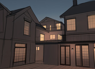 Sketch. Drawing of houses. The streets of the city.