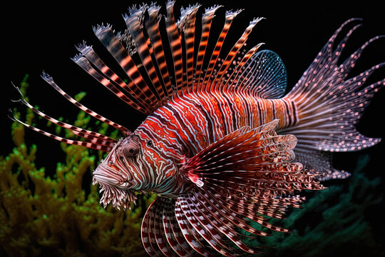 The red lionfish is a member of the scorpion family of fish and is housed at Naples Aquarium, which was founded in 1879. Generative AI