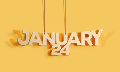 3D Wood decorative lettering hanging shape calendar for January 24 on a yellow background Home Interior and copy-space. Selective focus,3D illustration