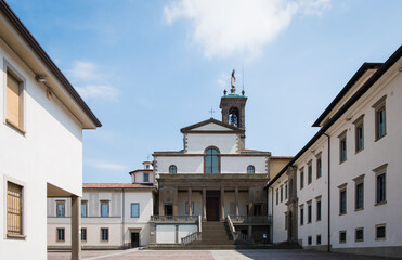 Fototapeta na wymiar Pontida, Italy - April 29, 2022: Monastero di San Giacomo, monastery located in San Martino valley, Bergamo. Abbey of Pontida