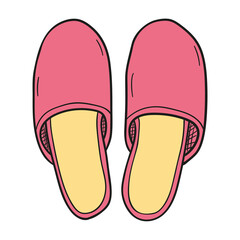 Vector icon of pink house slippers. Pair of shoes on white background hand drawn in cartoon style.