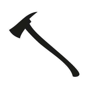 Fire axe vector icon with long ax handle. Black silhouette hatchet on white background.
