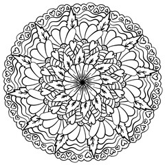 Outline mandala with hearts and flowers, Meditative coloring page for holiday activity