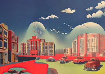 1950s retro city, poster background, car parking, retro illustration