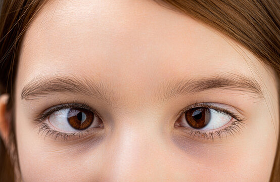 Strabismus. Close-up part child's face, eyes girl. Little patient strabismus, treatment ophthalmic diseases. Strabismus in children causes, treatment concept. Female eyes with strabismus. Hypertropia