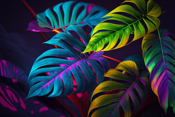 Abstract natural background. Fluorescent exotic leaves pattern. Creative background with bright colorful monstera leaves. Jungle fauna. Created with Generative AI