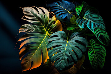Abstract natural background. Fluorescent exotic leaves pattern. Creative background with bright colorful monstera leaves. Jungle fauna. Created with Generative AI - obrazy, fototapety, plakaty