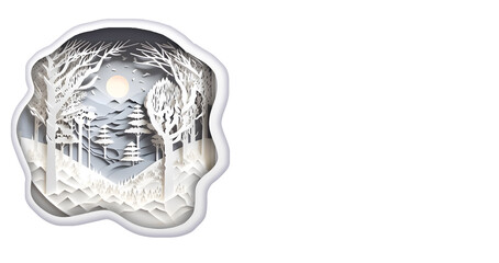 Papercut Winter Forest Diorama. Paper art Layered Wildlife Illustration. Nature Ecology Banner. Generative AI.