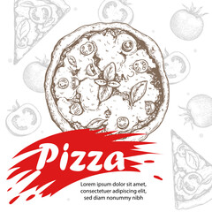 Italian pizza design template. Pizza Margherita in hand drawn sketch style and pizza ingredients in flat modern style. Best for flyers, menu designs, banners, packages and other. 