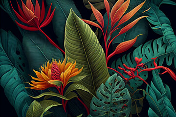 Abstract natural background. Fluorescent exotic leaves pattern. Creative background with bright colorful leaves. Jungle fauna. Created with Generative AI