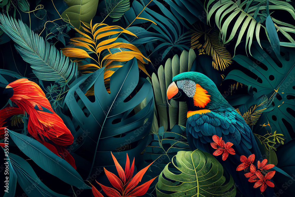 Wall mural Abstract natural background with jungle flora and fauna. Creative background with exotic bright colorful leaves and birds. Created with Generative AI