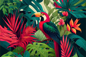 Abstract natural background with jungle flora and fauna. Creative background with exotic bright colorful leaves and birds. Created with Generative AI