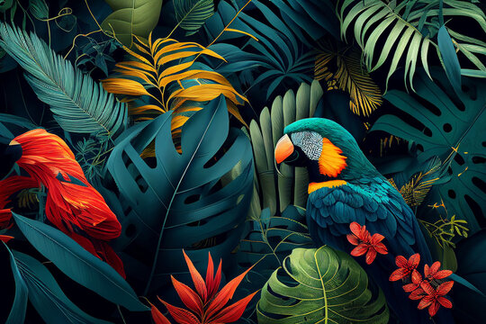 Abstract natural background with jungle flora and fauna. Creative background with exotic bright colorful leaves and birds. Created with Generative AI