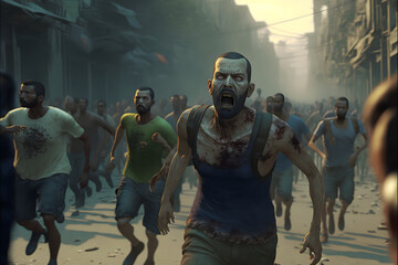 horde of Zombies running on a city street apocalypse, 3d illustration digital generative ai design art style
