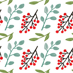 Watercolor floral Christmas holidays background with red berries, floral elements and green leaves, eucalyptus. Christmas watercolor seamless pattern on white background. 