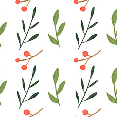 Watercolor floral Christmas holidays background with red berries and leaves. Christmas watercolor seamless pattern on white background. 