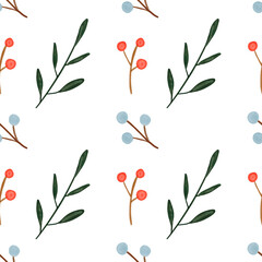 Watercolor floral Christmas holidays background with red berries and leaves. Christmas watercolor seamless pattern on white background. 