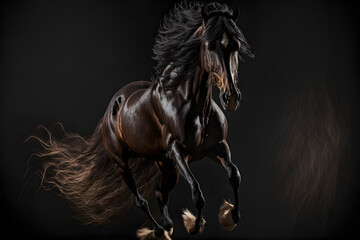 horse in action, dark black background, illustration digital generative ai design art style