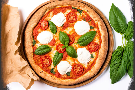 Pizza Margarita or Margherita, isolated on a white background, with cherry tomatoes, mozzarella cheese, and tomato sauce. Top view of a traditional Italian whole wheat flatbread baked in an oven