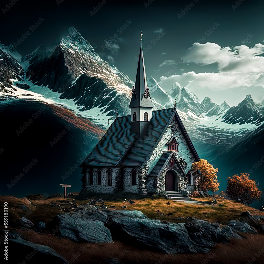 Wall mural church in mountains generative ai