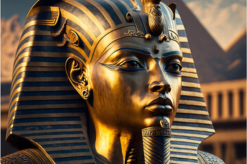 Pharaoh golden mask, panoramic 3d egypt scene,  illustration digital generative ai logo design art style