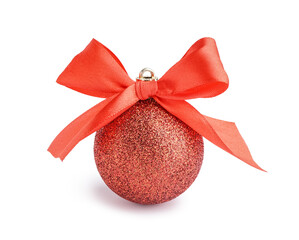 Shiny Christmas ball with bow on white background