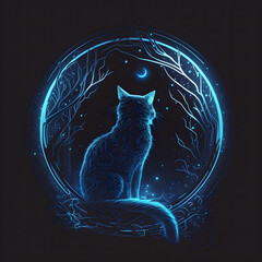 Outline of a Cat in a circle, dark night galaxy background, line art, illustration digital generative ai logo design art style
