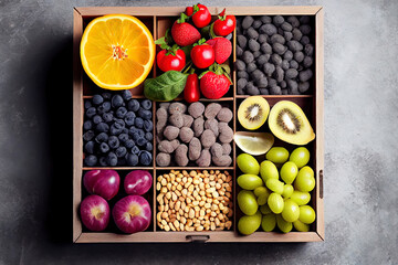 Traditional Healthy food clean eating selection in wooden box