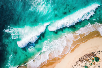 A relaxing aerial beach picture serves as the banner for the summer break. Amazingly blue ocean waves, the seashore, and the shoreline. superb top view from an airborne drone. calm beach, seashore, br