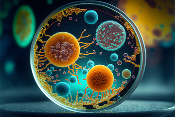 Macro close up shot of bacteria and virus cells in a scientific laboratory petri dish standing vertical, science background, illustration digital generative ai design art style - obrazy, fototapety, plakaty