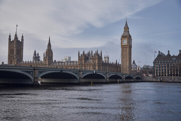 Fototapeta na wymiar Houses of Parliament, Palace of Westminster, from across the River Thames colour, dawn