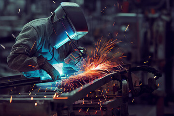 Obraz na płótnie Canvas Welder cooks metal in factory. Metal treatment..