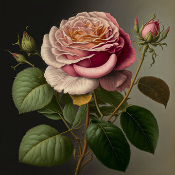 Delightful pink rose flowering plant as in vintage botanical illustration, victorian style on dark  background, AI generated