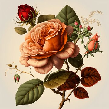 Delightful rose flowering plant as in vintage botanical illustration, victorian style on creamy paper  background, AI generated