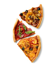 Different slices of pizza on white background