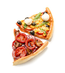 Different slices of pizza on white background