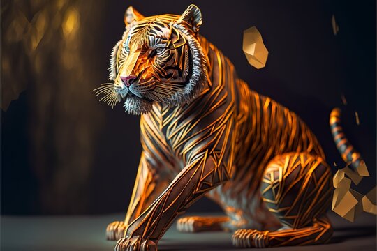 tiger origami style all body in action neon gold hyper
