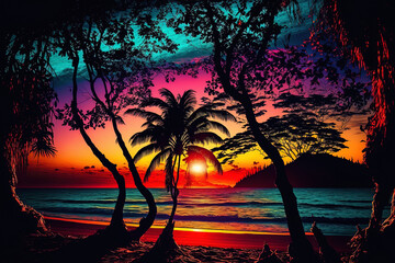 Sunset surreal woodland with palm trees stunning neon dream landscape. Generative AI