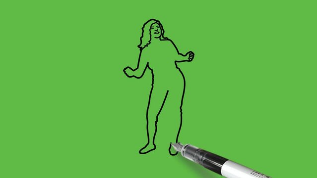 Draw young girl standing lean forward, open hair fold both arms from elbow with tightly close hands wearing blue t-shirt, pant and footwear with black outline on abstract green background
